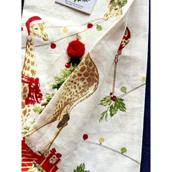 CHRISTMAS GIRAFFE Dish Kitchen Towel Set of 2 Embroidered FESTIVE 20" x 28 - Picture 5 of 7